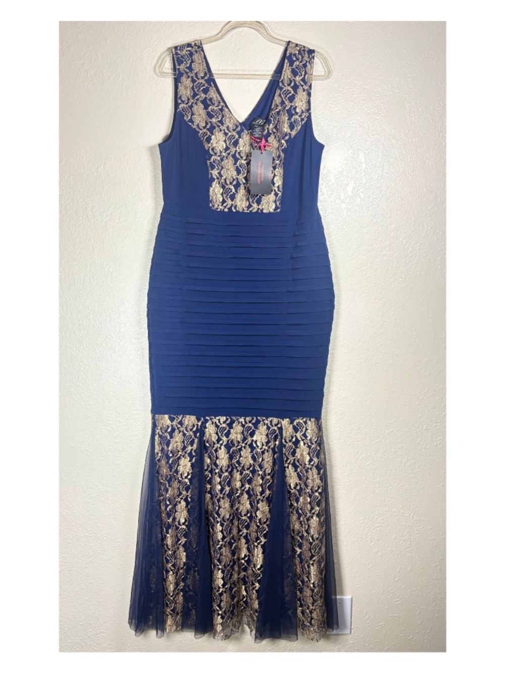 Midnight Velvet Navy Gold Lace Mermaid Maxi Dress Size S NWT
